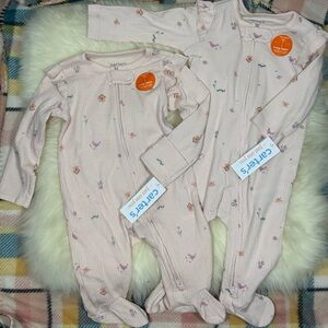 Carter's Pink Ribbed Footed One-Piece Pajama - Floral Print Bundle.